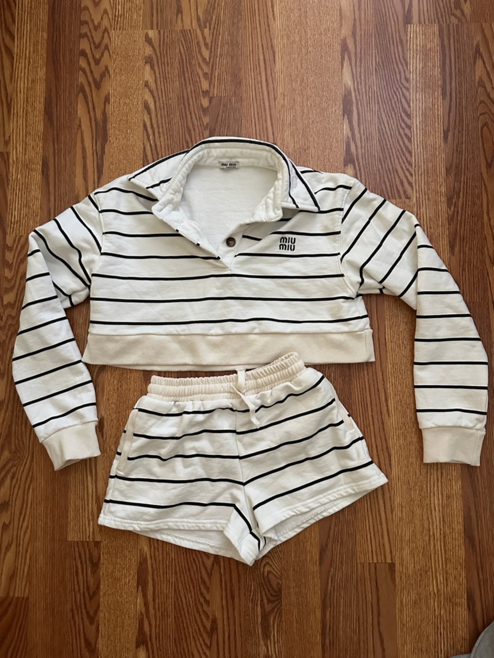 Cream and Black Striped Cropped Sweatshirt Set